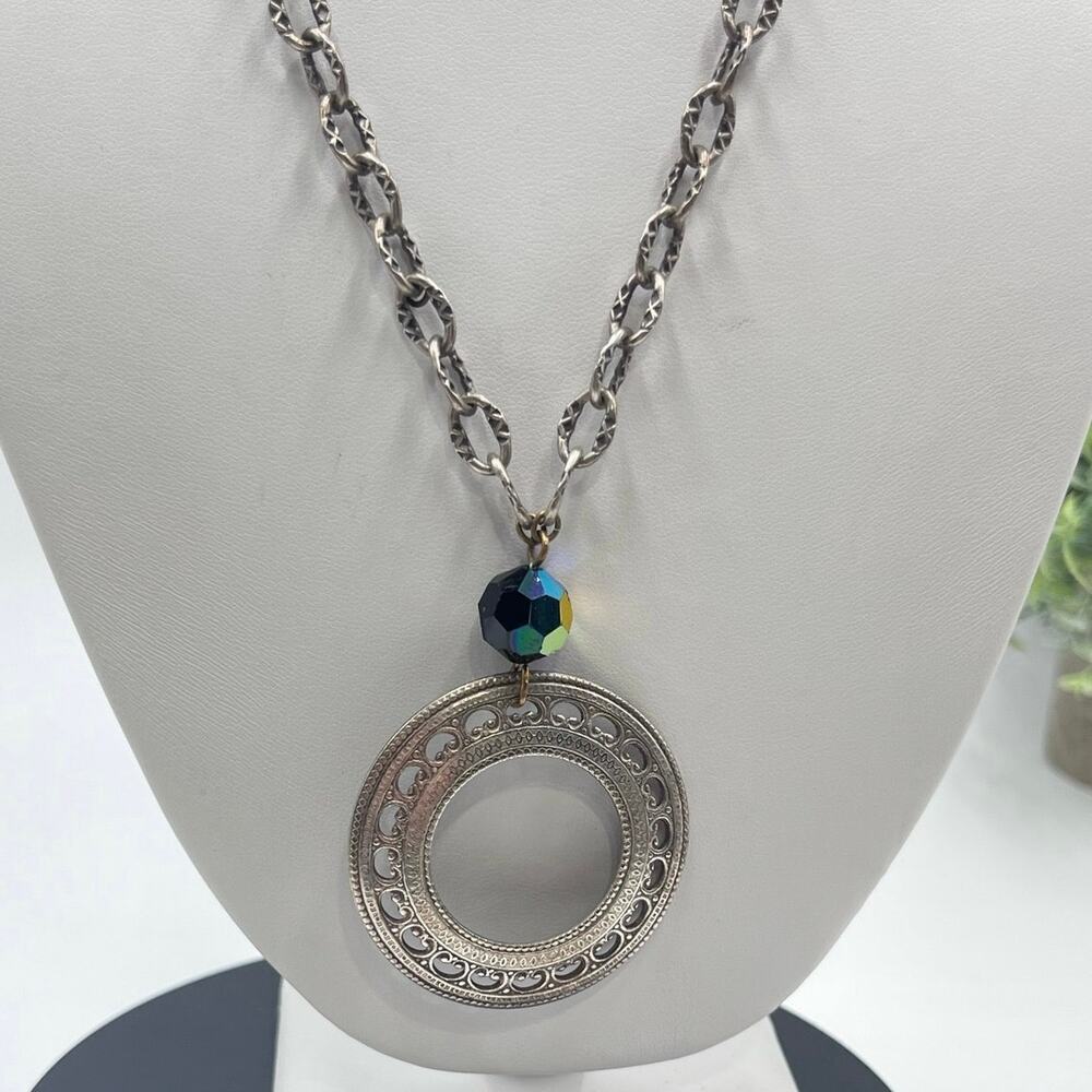 Liz Palacios SF Vintage Medallion Round Pendant Etched Textured Chain Necklace